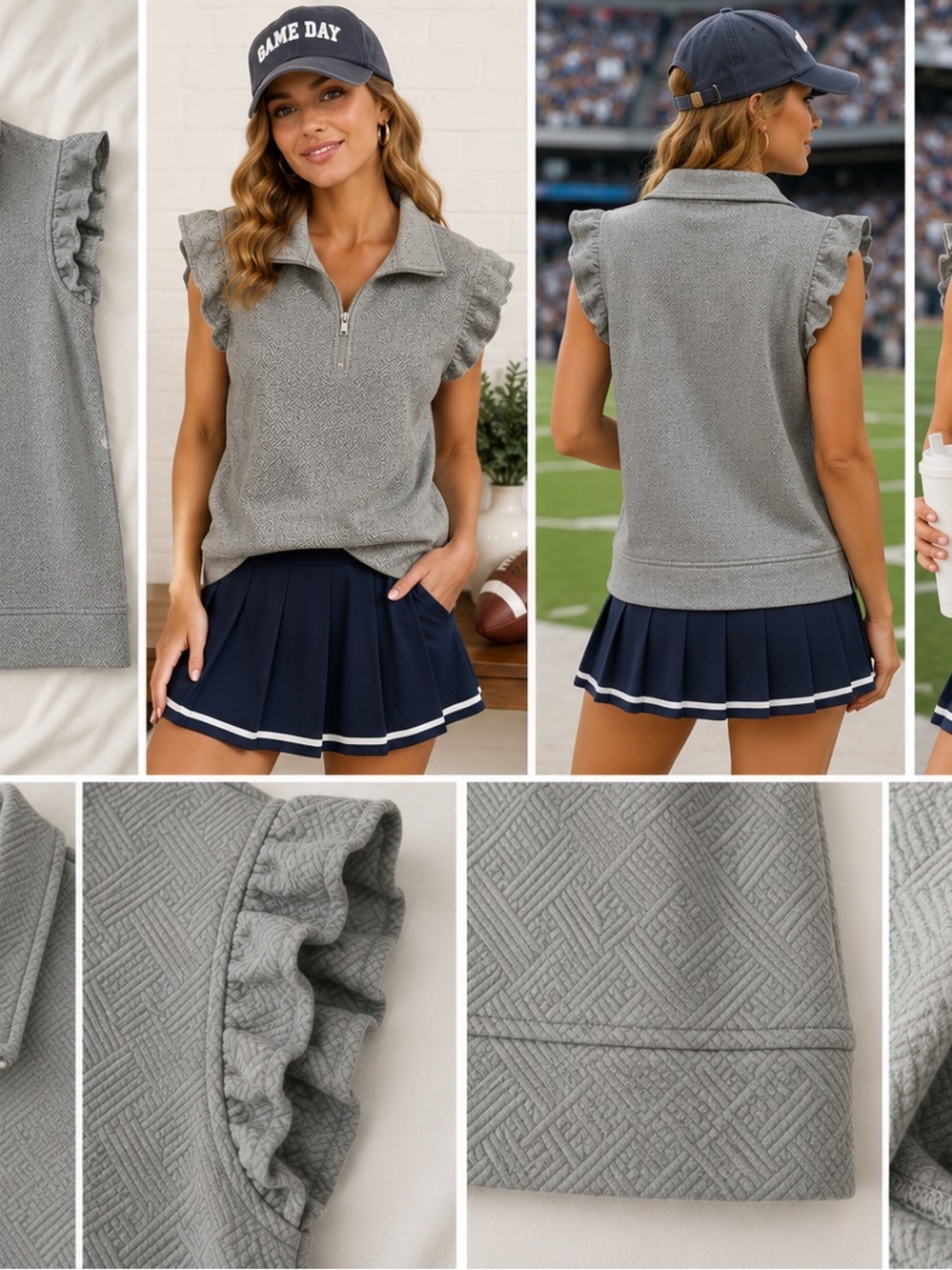 Ruffle-Sleeve Zip Front Skirted Tennis Top - Gray